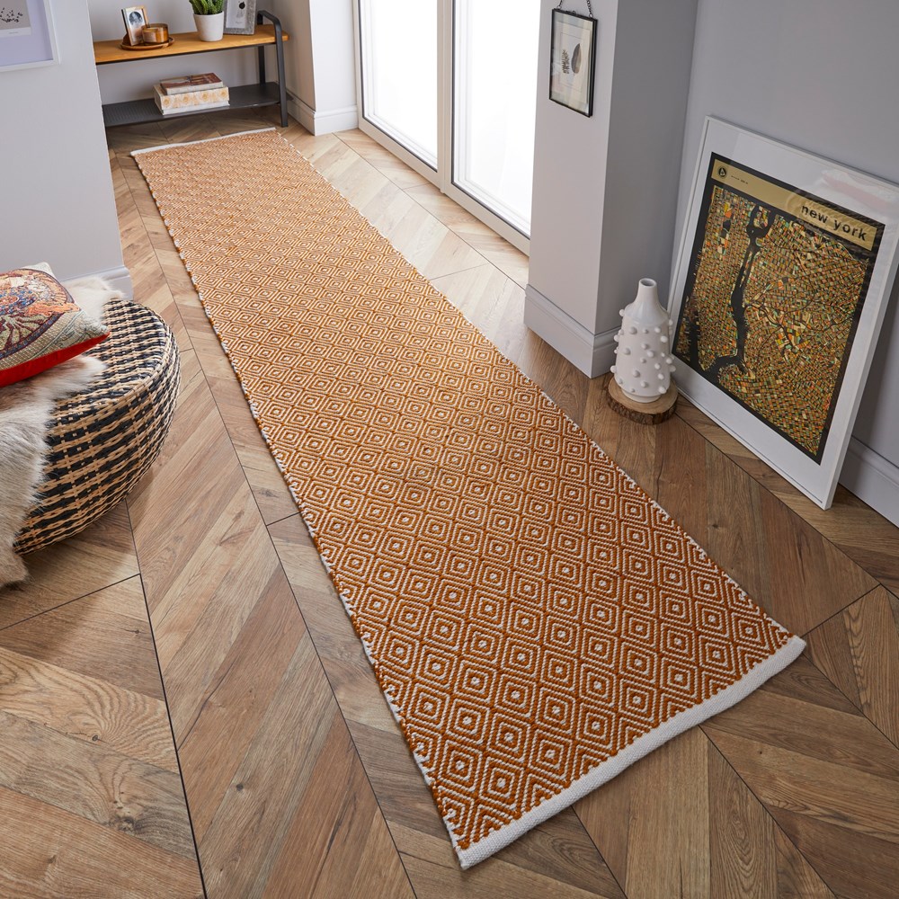 Brittany Flatweave Indoor Outdoor Diamond Runner Rug in Ochre yellow